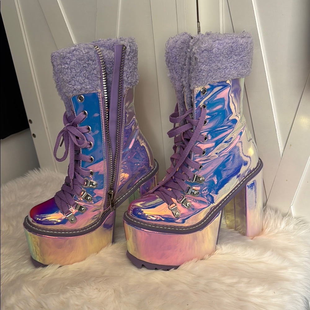 Holographic Platform Boots with Lavender Fur